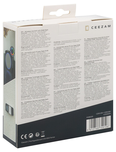 CEEZAM - Sonnette sans fil – volume 4 niveaux, mode silencieux 3 à 12 h, 18 mélodies, bouton étanche, anthracite, portée jusqu'à 150m-CEEZAM - large