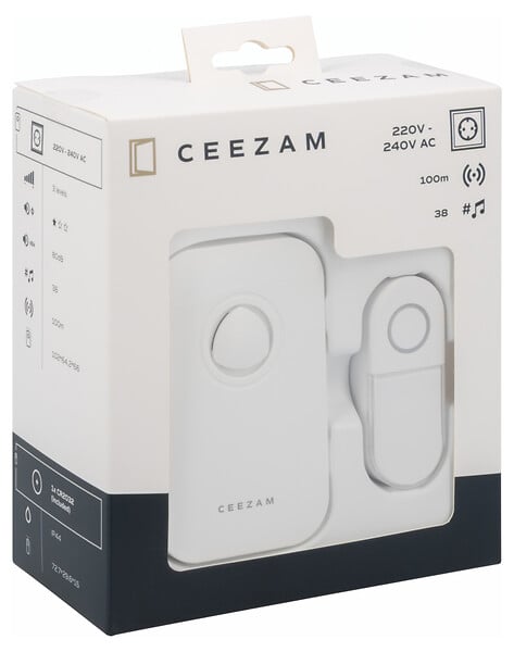 CEEZAM - Sonnette sans fil sur secteur – Carillon 80 dB, 38 mélodies, bouton poussoir étanche IP44, blanc, portée jusqu'à 100m.-CEEZAM - large