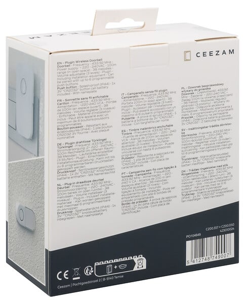 CEEZAM - Sonnette sans fil sur secteur – Carillon 80 dB, 38 mélodies, bouton poussoir étanche IP44, blanc, portée jusqu'à 100m.-CEEZAM - large