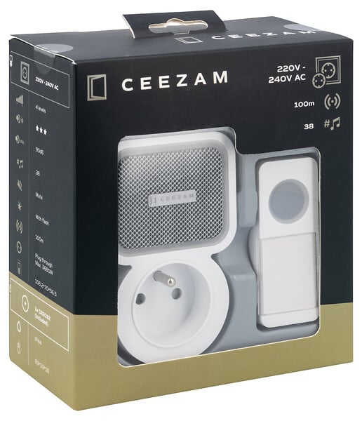 CEEZAM - Carillon sans fil – 85 dB, volume 4 niveaux, 38 mélodies, prise intégrée, bouton poussoir étanche IP44, portée jusqu'à 100m-CEEZAM - large