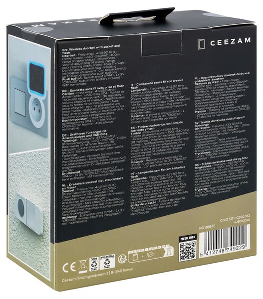 CEEZAM - Carillon sans fil – 85 dB, volume 4 niveaux, 38 mélodies, prise intégrée, bouton poussoir étanche IP44, portée jusqu'à 100m-CEEZAM - large