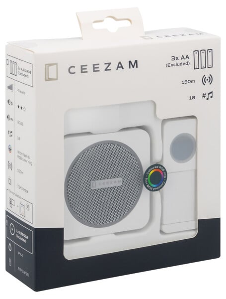 CEEZAM - Sonnette sans fil 150 m – volume 4 niveaux, mode silencieux 3 à 12 h, 18 mélodies, bouton étanche, blanc, portée jusqu'à 150m-CEEZAM - large