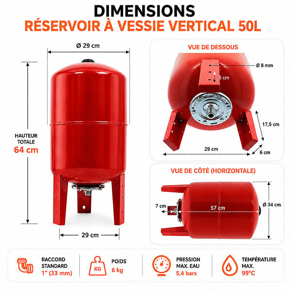 GT MARKET - Réservoir pression à vessie vertical - 50 litres - large