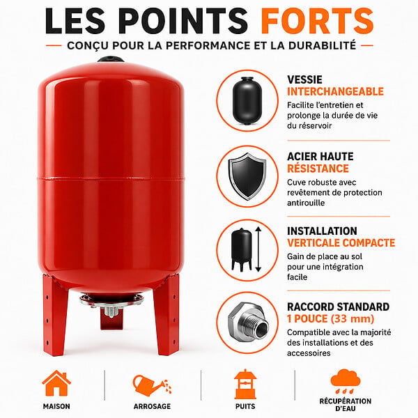 GT MARKET - Réservoir pression à vessie vertical - 50 litres - large