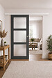 GD MENUISERIES - Porte Coulissante Blakeria Vitrée Gris Anthr H204 x L93 cm, Rail Alu Bandeau Blanc, Coquilles - vignette