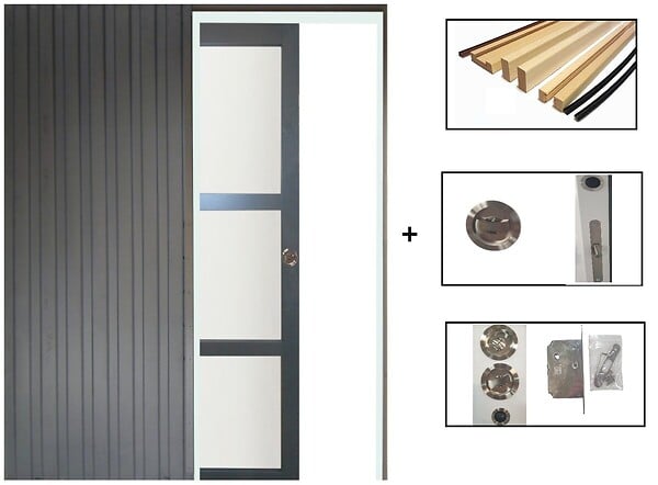 GD MENUISERIES - Porte Coulissante Blakeria Vitrée Gris Anthr H204 x L93 cm, Galandage, kit de finition - large