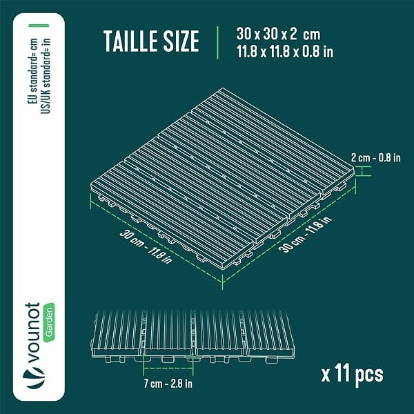 VOUNOT - Lot de 11 dalles clipsables exterieures 30x30cm modulaire plastique anthracite - large