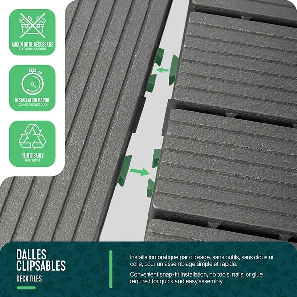 VOUNOT - Lot de 11 dalles clipsables exterieures 30x30cm modulaire plastique anthracite - large