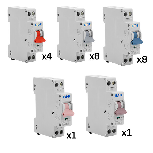 EATON CAPRI - EATON Lot de 22 disjoncteurs modulaires Ph+N – 1×2A, 4×10A, 8×16A, 8×20A, 1×32A - large