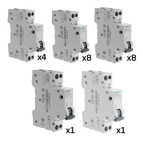 SIEMENS - SIEMENS Lot de 22 disjoncteurs modulaires Ph+N – 1×2A, 4×10A, 8×16A, 8×20A, 1×32A - large