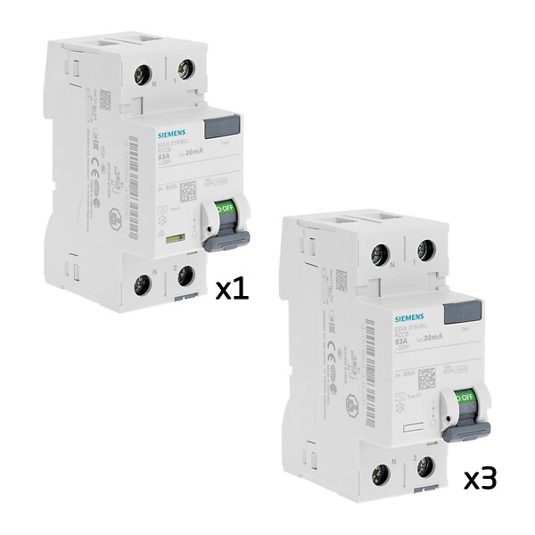 SIEMENS - SIEMENS Lot de 4 interrupteurs différentiels 63A – 30 mA – 1 Type A + 3 Type AC - large
