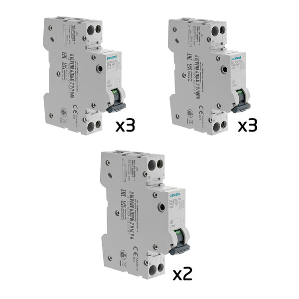 SIEMENS - SIEMENS Lot de 8 disjoncteurs modulaires Ph+N – 2×10A, 3×16A, 2×20A - large