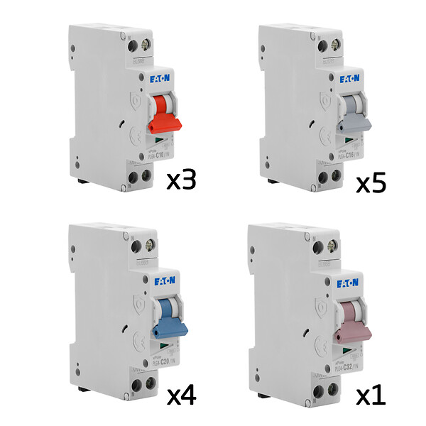 EATON CAPRI - EATON Lot de 13 disjoncteurs modulaires Ph+N – 3×10A, 5×16A, 4×20A, 1×32A - large