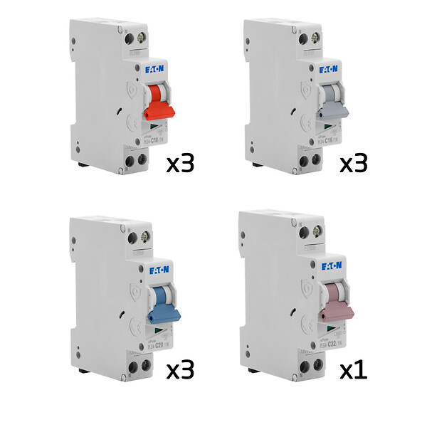 EATON CAPRI - EATON Lot de 10 disjoncteurs modulaires Ph+N – 3×10A, 3×16A, 3×20A, 1×32A (KNX) - large
