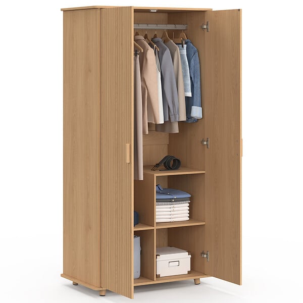 ID MARKET - Armoire 2 portes JULIETTE effet lattes tasseau bois coloris chêne penderie 80 cm avec étagères rangement - large