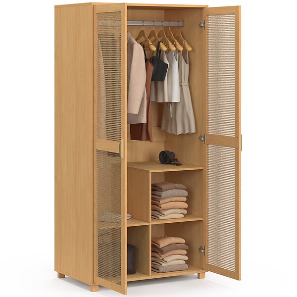 ID MARKET - Armoire 2 portes EDHEN bois et cannage penderie 80 cm avec étagères rangement - large
