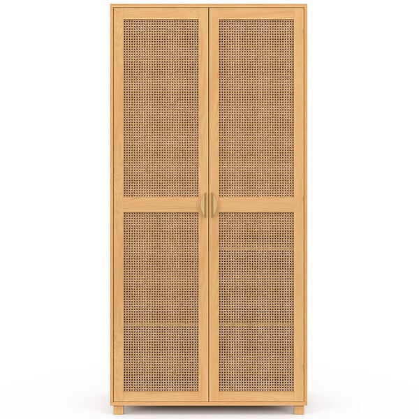 ID MARKET - Armoire 2 portes EDHEN bois et cannage penderie 80 cm avec étagères rangement - large