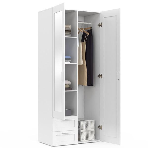ID MARKET - Armoire 2 portes VITO blanc penderie 80 cm avec 2 tiroirs, miroir et étagères - large