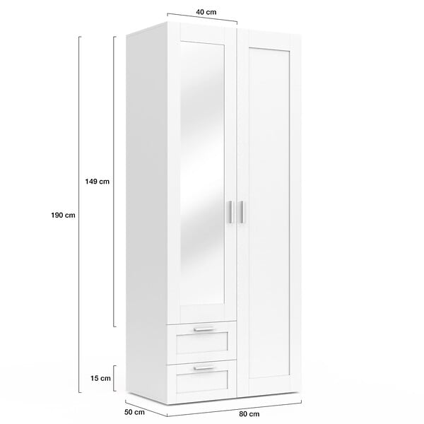 ID MARKET - Armoire 2 portes VITO blanc penderie 80 cm avec 2 tiroirs, miroir et étagères - large