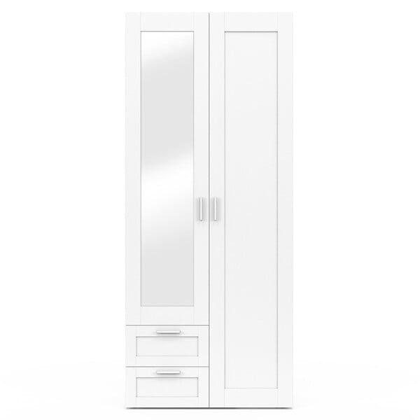ID MARKET - Armoire 2 portes VITO blanc penderie 80 cm avec 2 tiroirs, miroir et étagères - large