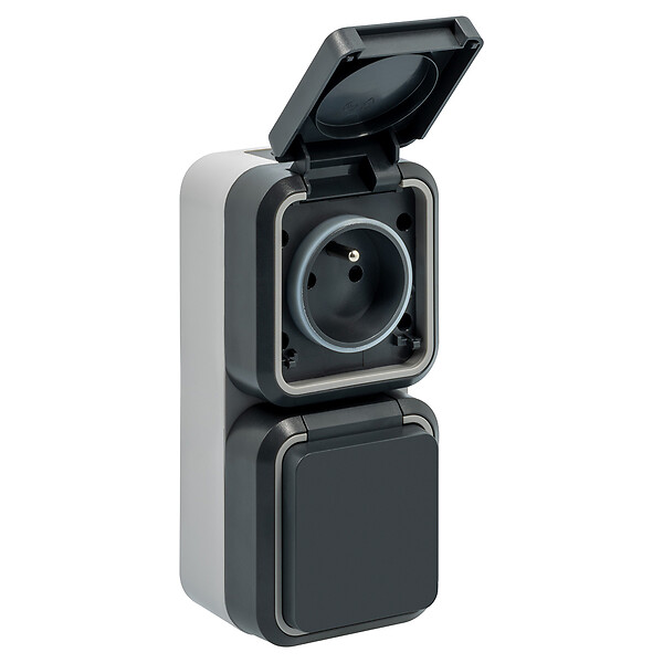 SIEMENS - Double prise de courant 2P+T verticale étanche IP55 – Pose en saillie, idéale pour extérieur, résistante à l'eau et à la poussière - large