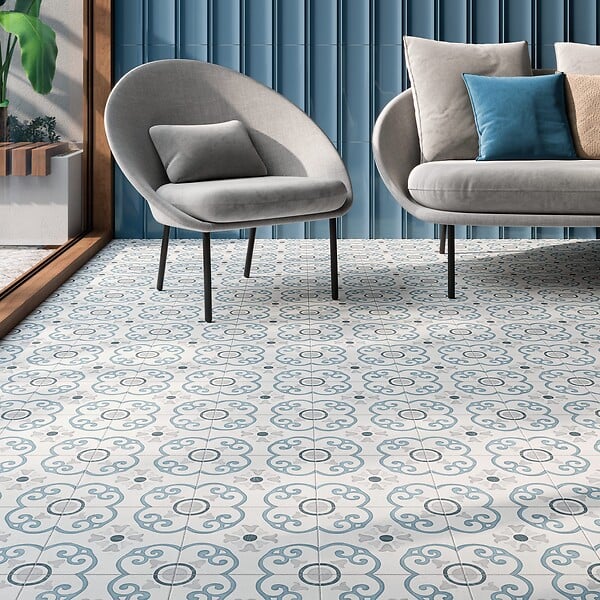 RO'MA NATURE - Carrelage effet Carreau ciment Nerelia Bleu 22,3x22,3x0,9 cm Ventoril - Sol et mur intérieur (vendu par carton de 0,65 m²) - large