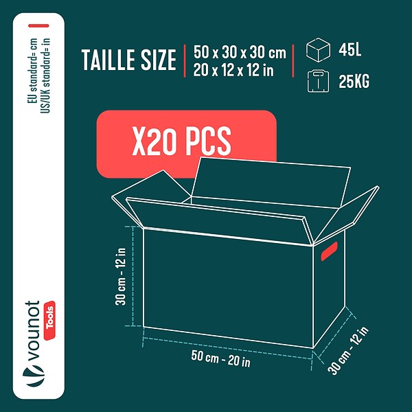 VOUNOT - Lot de 20 cartons de demenagement stockage 45L 50x30x30cm - large
