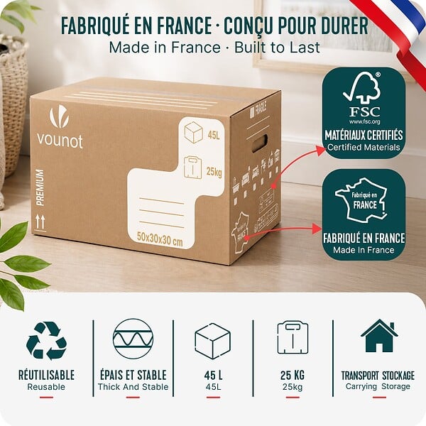 VOUNOT - Lot de 20 cartons de demenagement stockage 45L 50x30x30cm - large