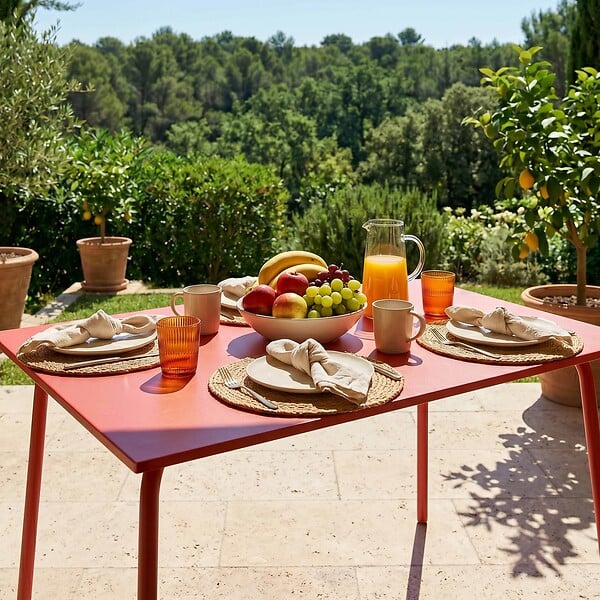 OVIALA - Table de jardin en acier 6 places 120 cm rouge  - Palavas - large