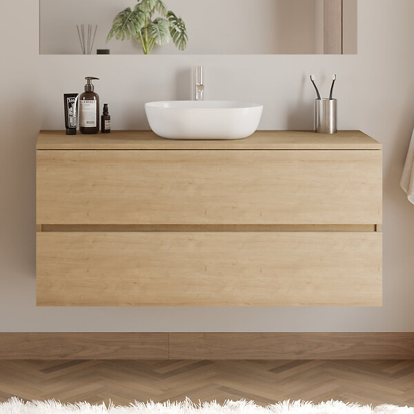 COSYNEO - Meuble de salle de bain 120cm avec plateau et vasque à poser arrondie - 2 tiroirs - nebraska (chêne clair) - IDA - large