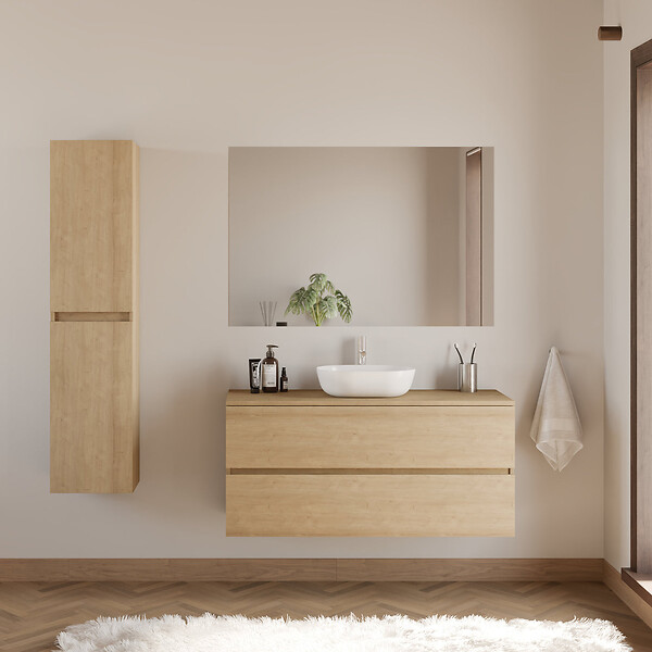 COSYNEO - Meuble de salle de bain 120cm avec plateau et vasque à poser arrondie - 2 tiroirs - nebraska (chêne clair) - IDA - large