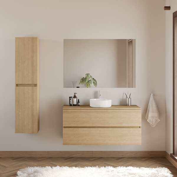 COSYNEO - Meuble de salle de bain 120cm avec plateau et vasque à poser ronde - 2 tiroirs - nebraska (chêne clair) - IDA - large
