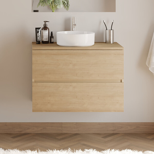 COSYNEO - Meuble de salle de bain 70cm avec plateau et vasque à poser ronde - 2 tiroirs - nebraska (chêne clair) - IDA - large