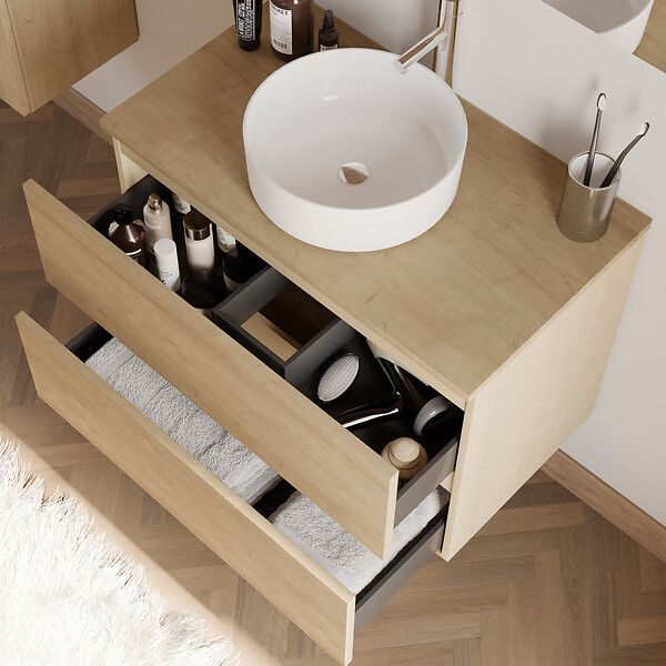 COSYNEO - Meuble de salle de bain 70cm avec plateau et vasque à poser ronde - 2 tiroirs - nebraska (chêne clair) - IDA - large