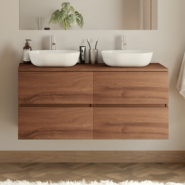 COSYNEO - Meuble de salle de bain 140cm avec plateau et 2 vasques à poser arrondies - 4 tiroirs - noyer (bois foncé) - IDA - large