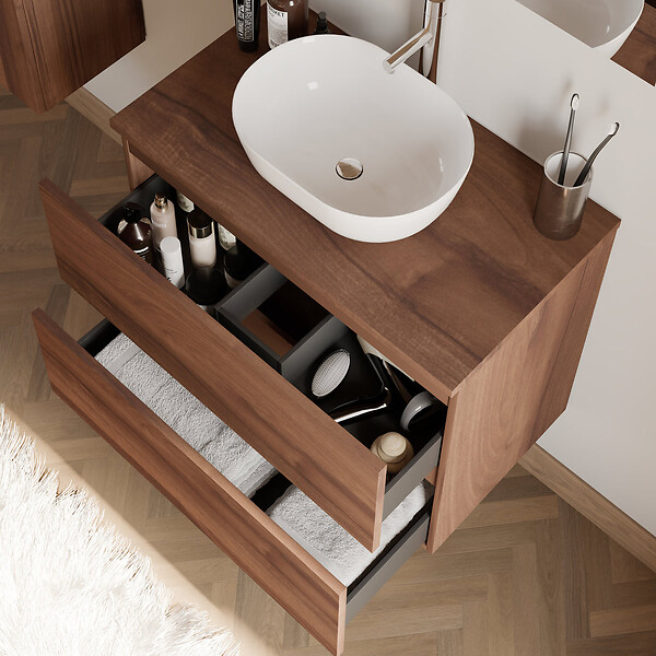 COSYNEO - Meuble de salle de bain 60cm avec plateau et vasque à poser arrondie - 2 tiroirs - sans miroir - noyer (bois foncé) - IDA - large