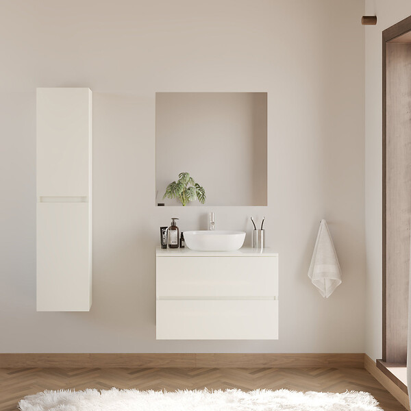 COSYNEO - Meuble de salle de bain 80cm avec plateau et vasque à poser arrondie - 2 tiroirs - sans miroir - blanc brillant - IDA - large