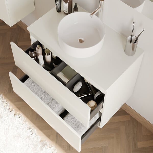 COSYNEO - Meuble de salle de bain 60cm avec plateau et vasque à poser ronde - 2 tiroirs - blanc brillant - IDA - large