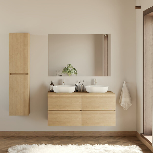 COSYNEO - Meuble de salle de bain 140cm avec plateau et 2 vasques à poser arrondies - 4 tiroirs - nebraska (chêne clair) - IDA - large