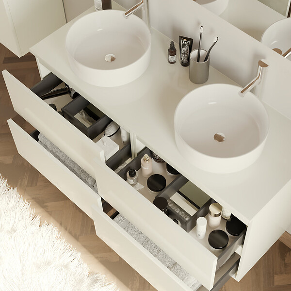 COSYNEO - Meuble de salle de bain 120cm avec plateau et 2 vasques à poser rondes - 4 tiroirs - sans miroir - blanc brillant - IDA - large