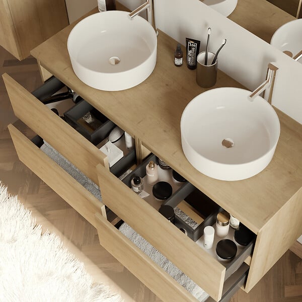 COSYNEO - Meuble de salle de bain 120cm avec plateau et 2 vasques à poser rondes - 4 tiroirs - nebraska (chêne clair) - IDA - large