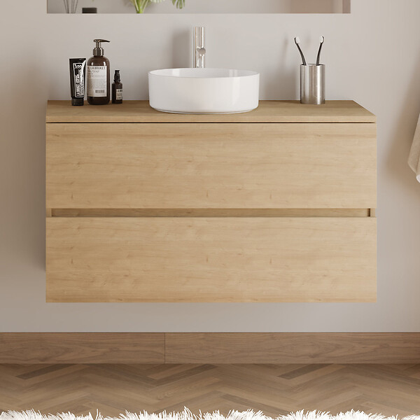 COSYNEO - Meuble de salle de bain 100cm avec plateau et vasque à poser ronde - 2 tiroirs - nebraska (chêne clair) - IDA - large
