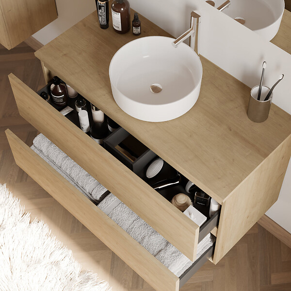 COSYNEO - Meuble de salle de bain 100cm avec plateau et vasque à poser ronde - 2 tiroirs - nebraska (chêne clair) - IDA - large