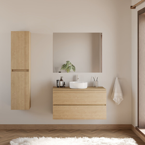 COSYNEO - Meuble de salle de bain 100cm avec plateau et vasque à poser ronde - 2 tiroirs - nebraska (chêne clair) - IDA - large