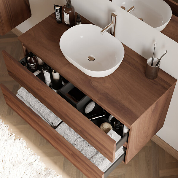 COSYNEO - Meuble de salle de bain 100cm avec plateau et vasque à poser arrondie - 2 tiroirs - noyer (bois foncé) - IDA - large
