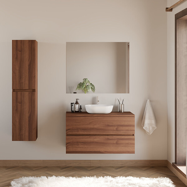 COSYNEO - Meuble de salle de bain 100cm avec plateau et vasque à poser arrondie - 2 tiroirs - noyer (bois foncé) - IDA - large