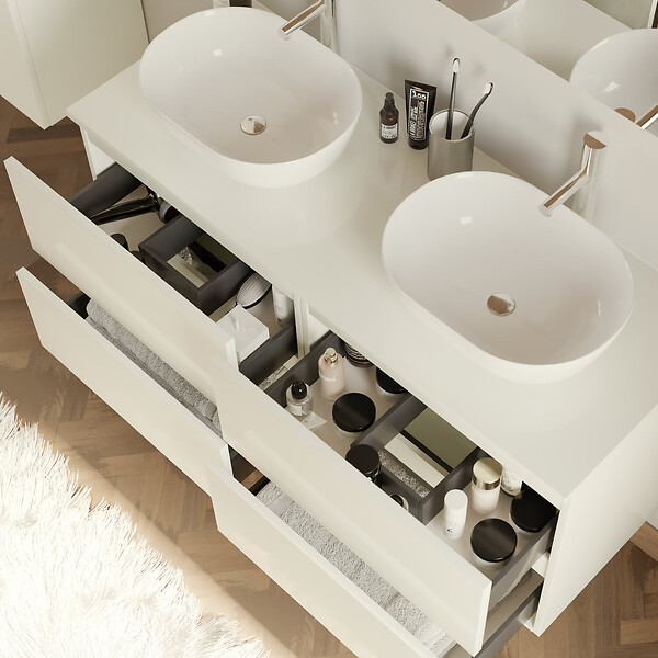 COSYNEO - Meuble de salle de bain 120cm avec plateau et 2 vasques à poser arrondies - 4 tiroirs - sans miroir - blanc brillant - IDA - large