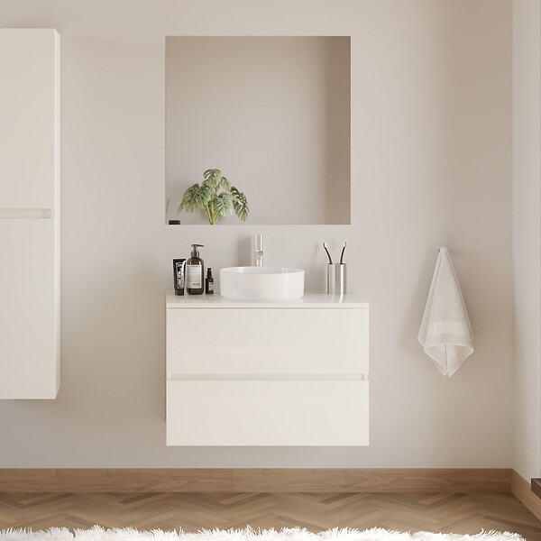 COSYNEO - Meuble de salle de bain 80cm avec plateau et vasque à poser ronde - 2 tiroirs - sans miroir - blanc brillant - IDA - large