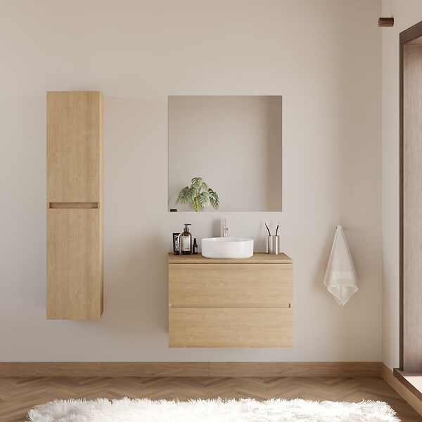 COSYNEO - Meuble de salle de bain 80cm avec plateau et vasque à poser ronde - 2 tiroirs - sans miroir - nebraska (chêne clair) - IDA - large