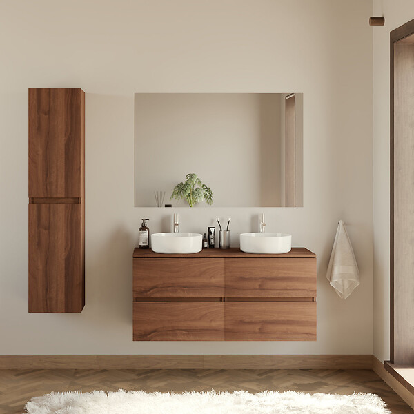 COSYNEO - Meuble de salle de bain 140cm avec plateau et 2 vasques à poser rondes - 4 tiroirs - sans miroir - noyer (bois foncé) - IDA - large
